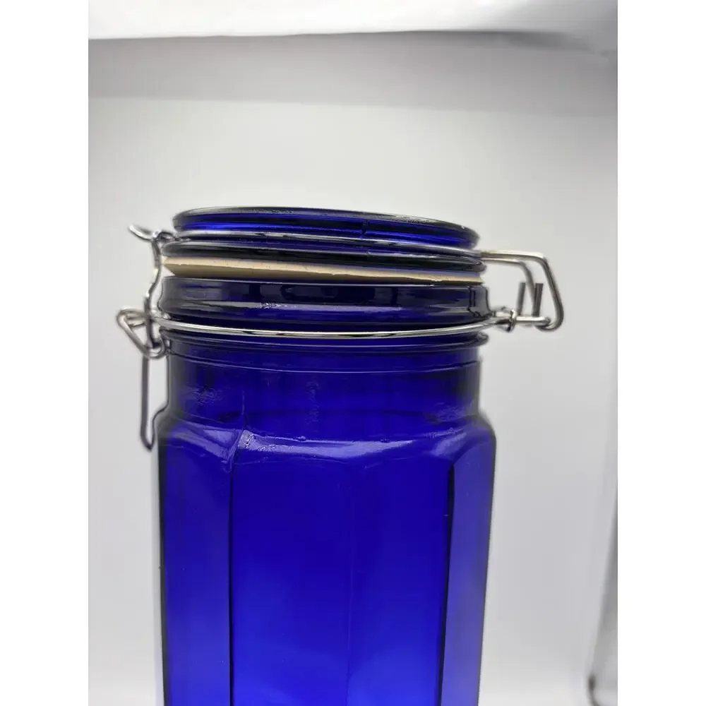 Vintage 13” Canister Jar Cobalt Blue Glass 12 Panel Wire Bale Lid